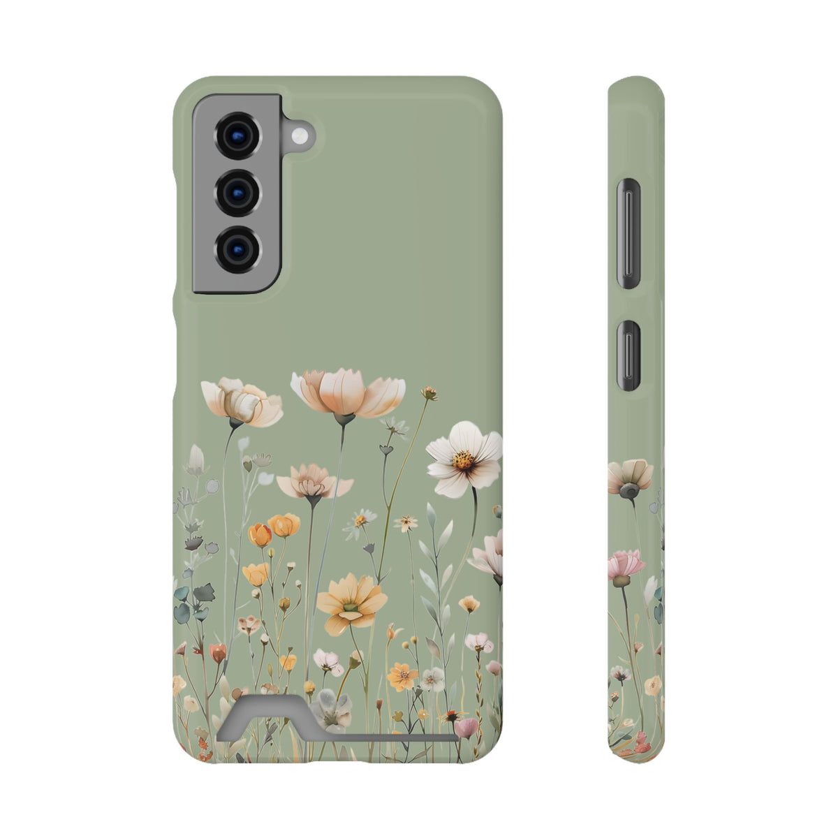 Sage Daisy phone case with card holder for Samsung Galaxy S21, glossy finish