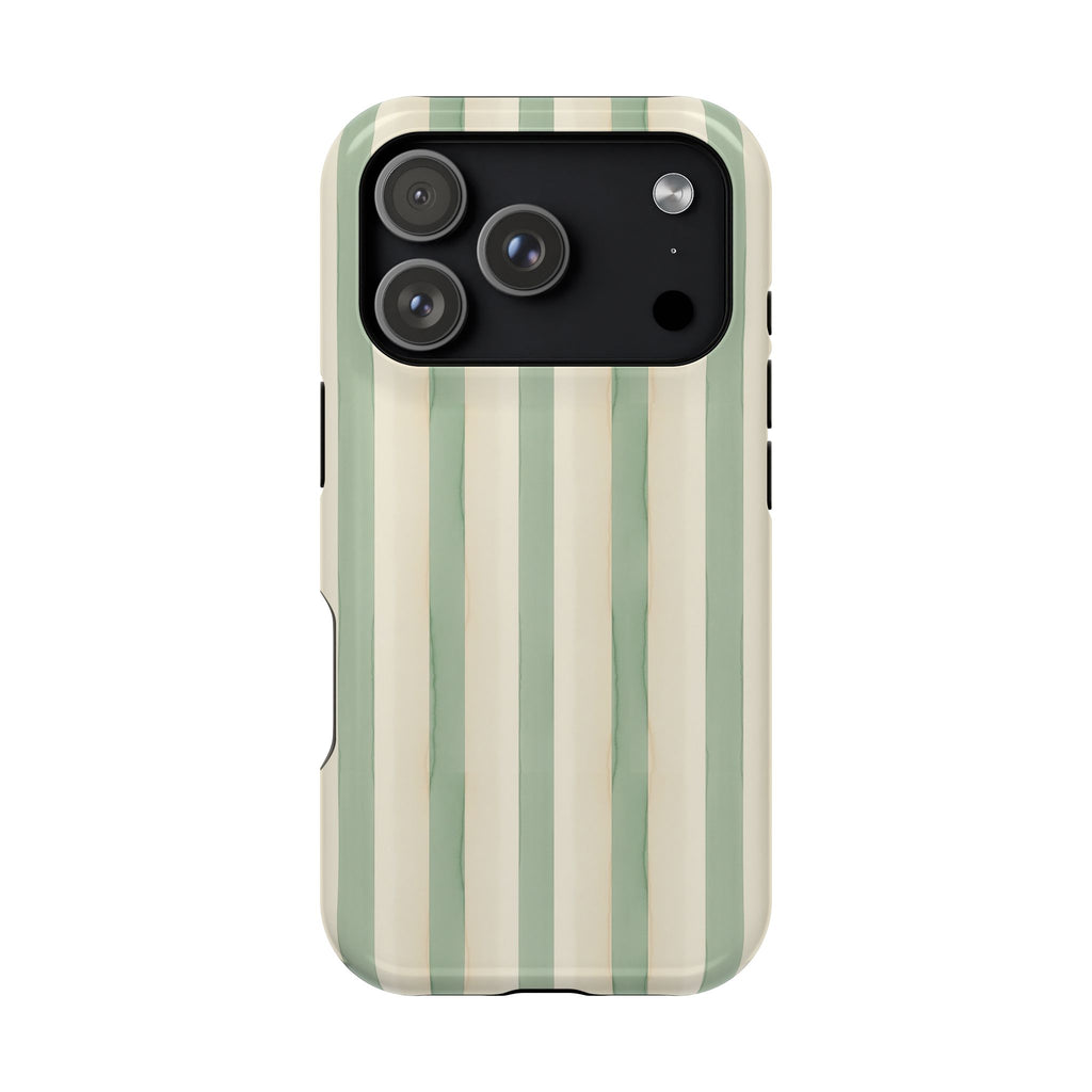 Sage Stripe protective phone case for iPhone 18 Pro, glossy finish