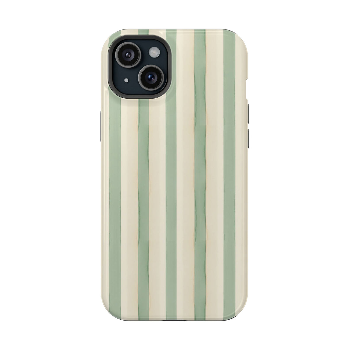 Sage Stripe protective phone case for iPhone 15 Plus, glossy finish