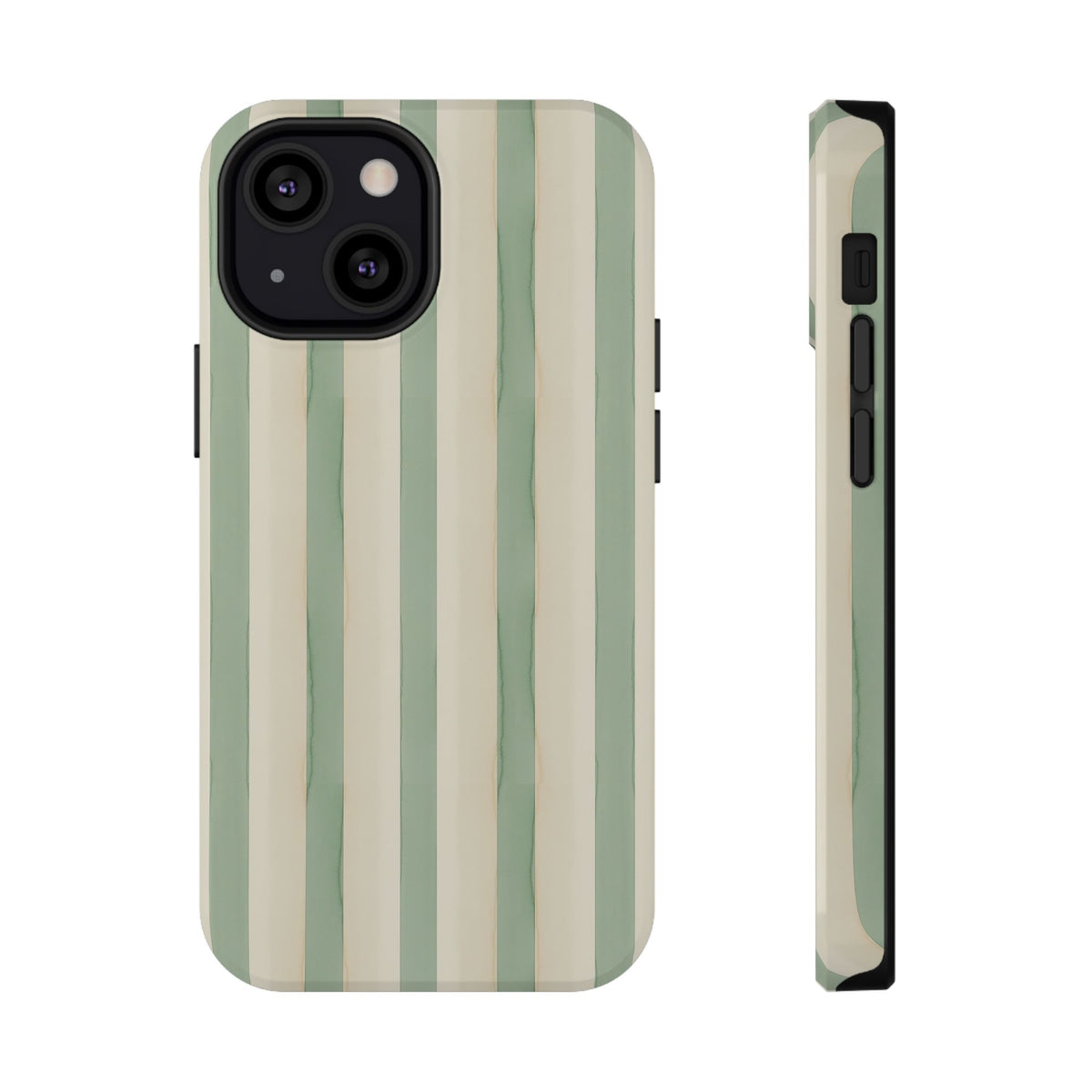 Sage Stripe protective phone case for iPhone 13 Mini, glossy finish