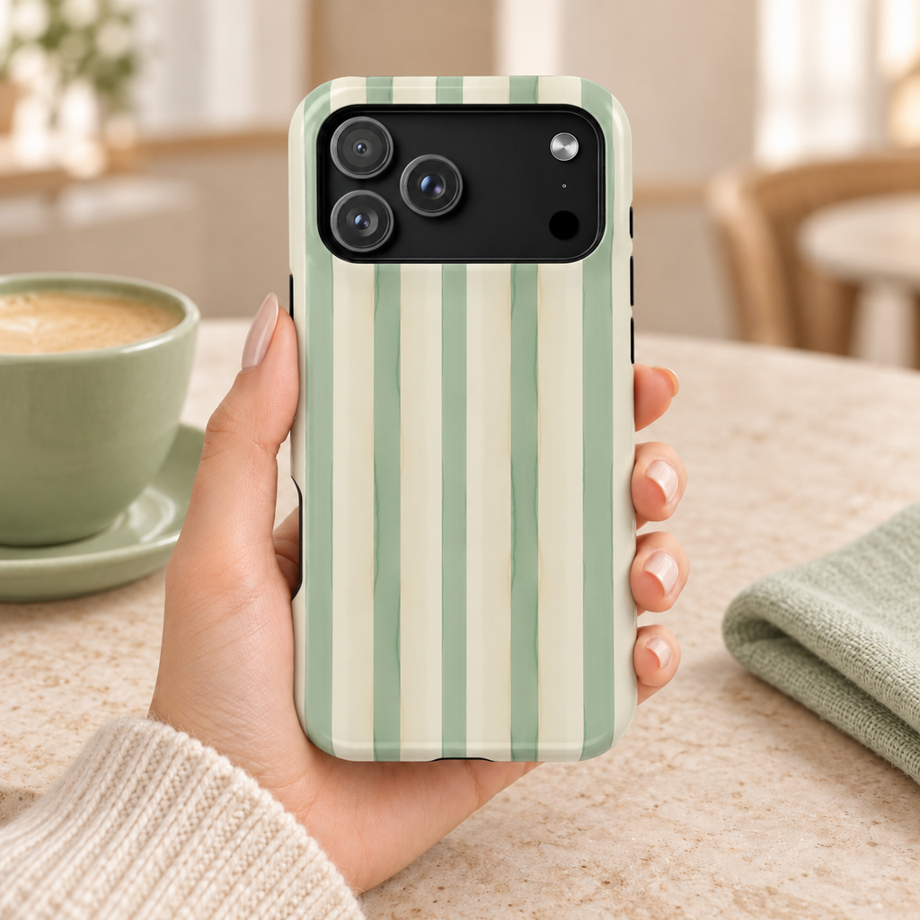 Sage Stripe protective phone case, sage green and cream stripes, lifestyle photo in hand with coffee