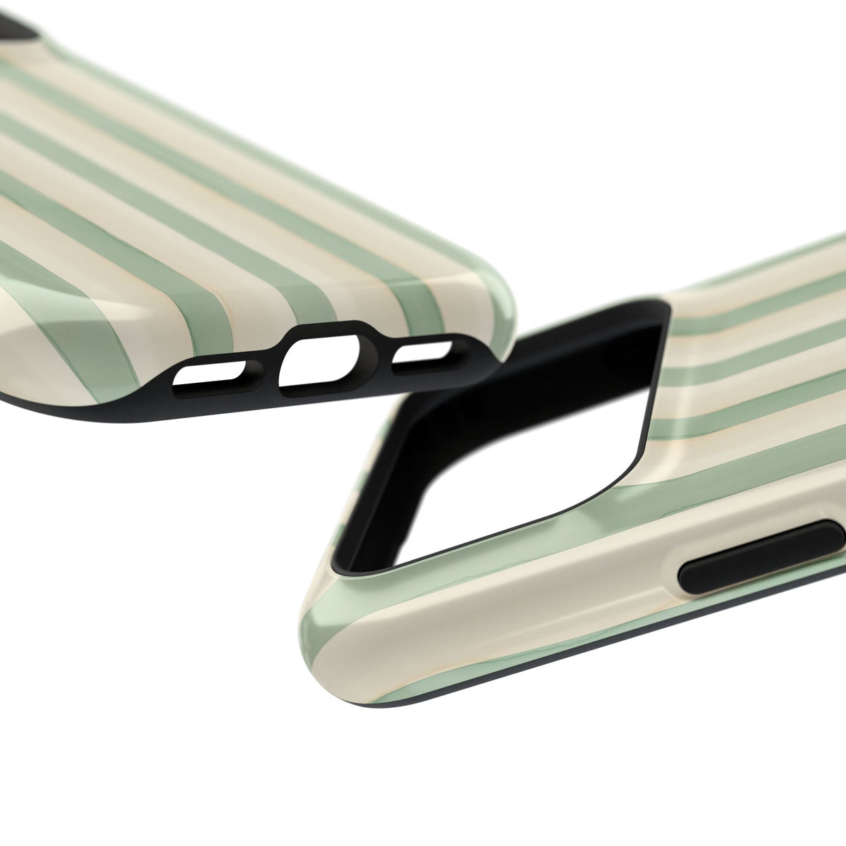 Sage Stripe protective phone case, close-up at an angle