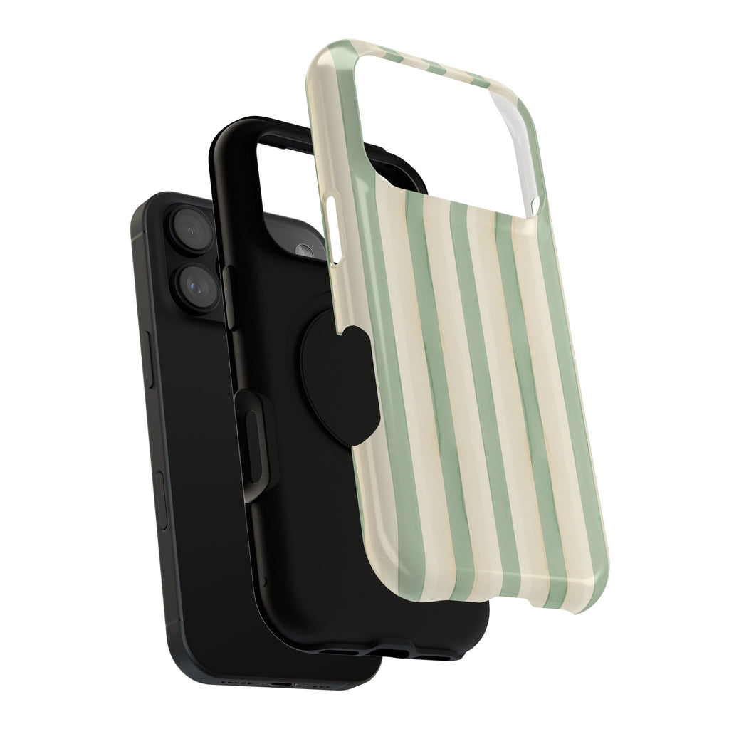 Sage Stripe protective phone case, close-up of the dual-layer construction