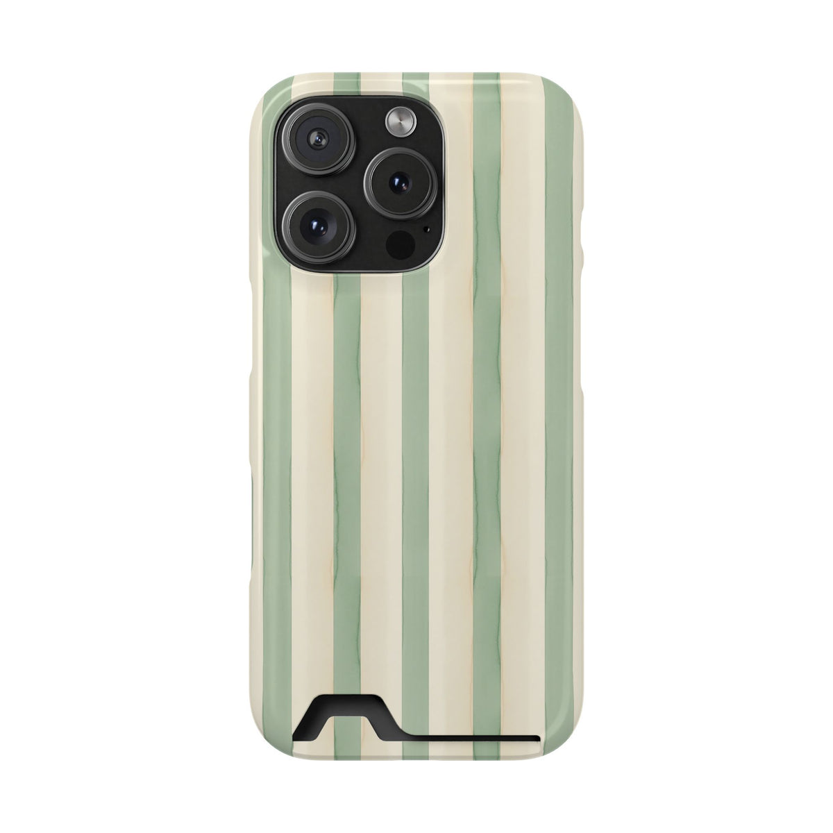 Sage Stripe phone case with card holder for iPhone 16 Pro, glossy finish