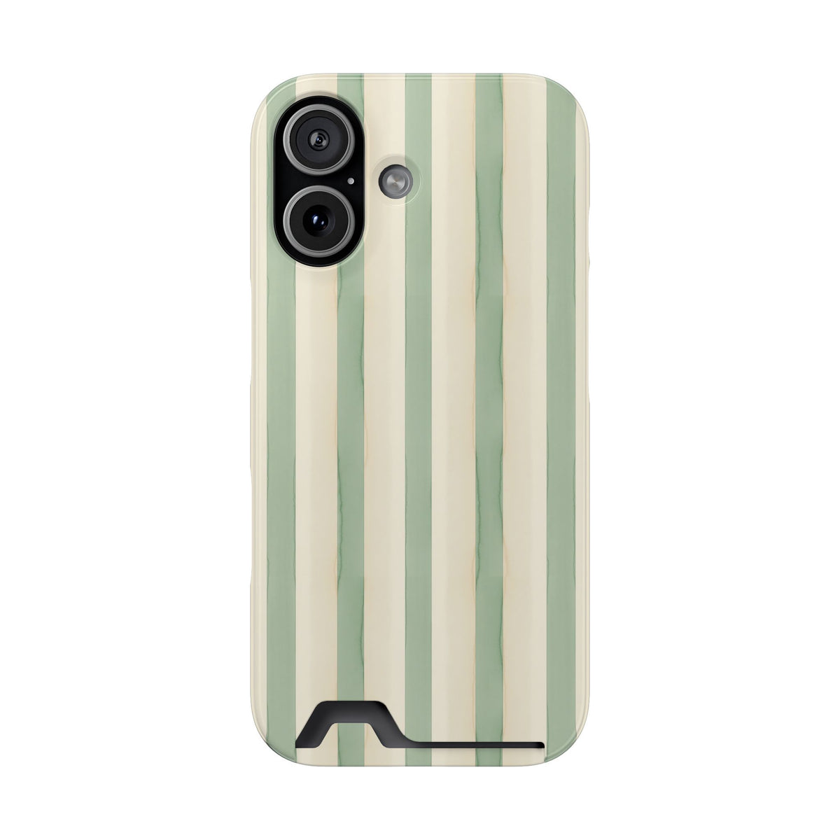 Sage Stripe phone case with card holder for iPhone 17, glossy finish