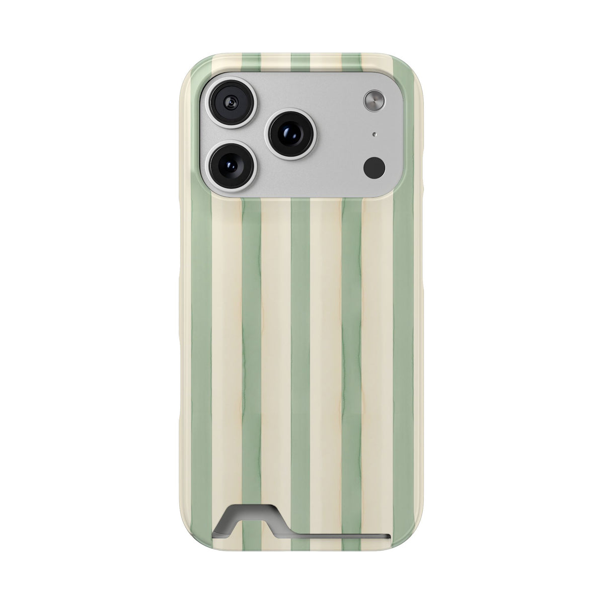 Sage Stripe phone case with card holder for iPhone 17 Pro, glossy finish