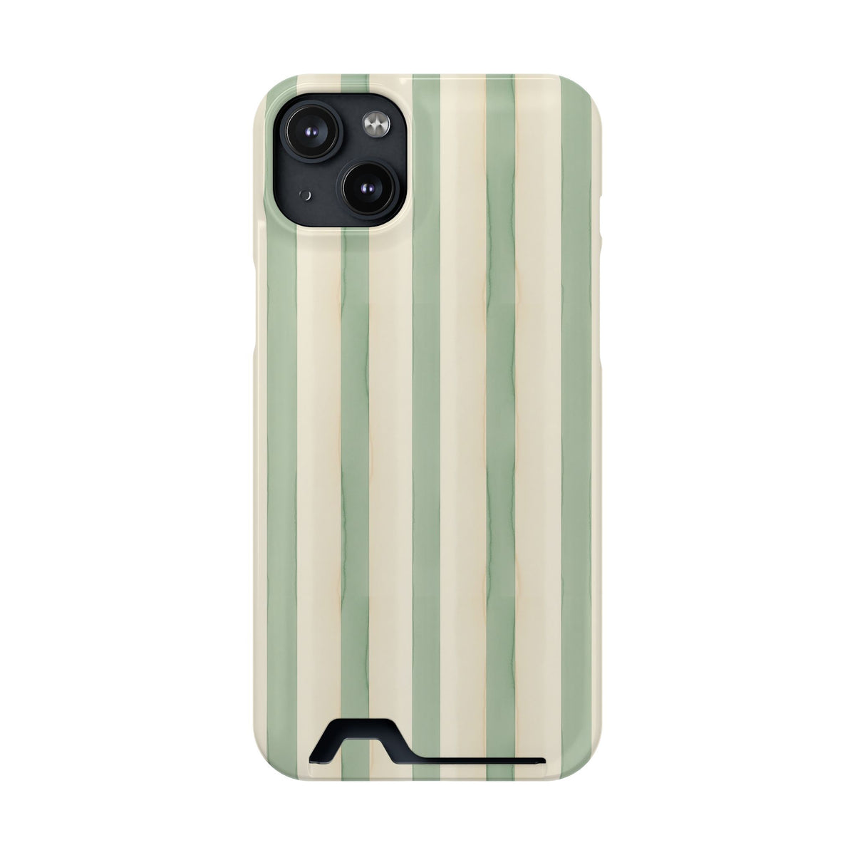Sage Stripe phone case with card holder for iPhone 14 Plus, glossy finish