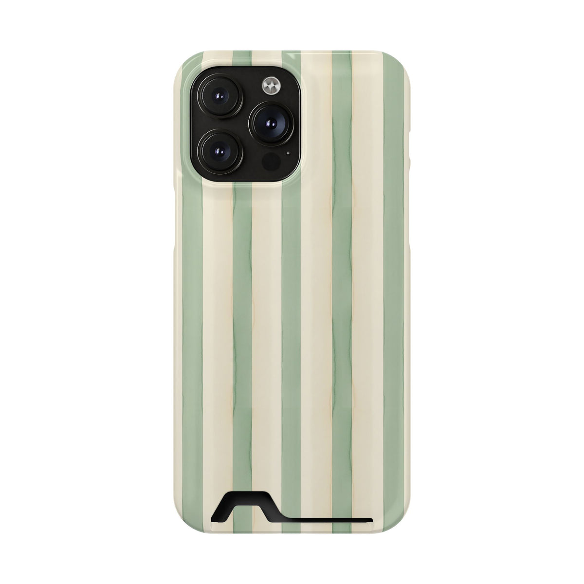 Sage Stripe phone case with card holder for iPhone 14 Pro Max, glossy finish