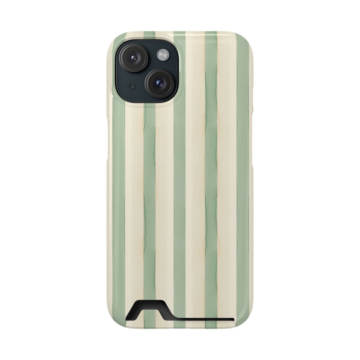 Sage Stripe phone case with card holder for iPhone 15, glossy finish