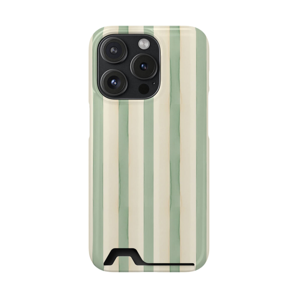 Sage Stripe phone case with card holder for iPhone 15 Pro, glossy finish