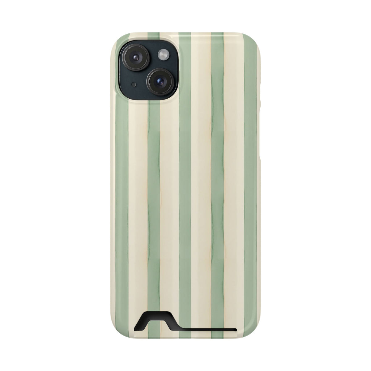 Sage Stripe phone case with card holder for iPhone 15 Plus, glossy finish