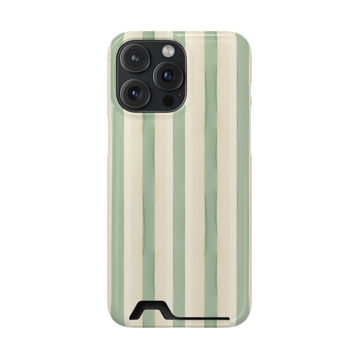 Sage Stripe phone case with card holder for iPhone 15 Pro Max, glossy finish