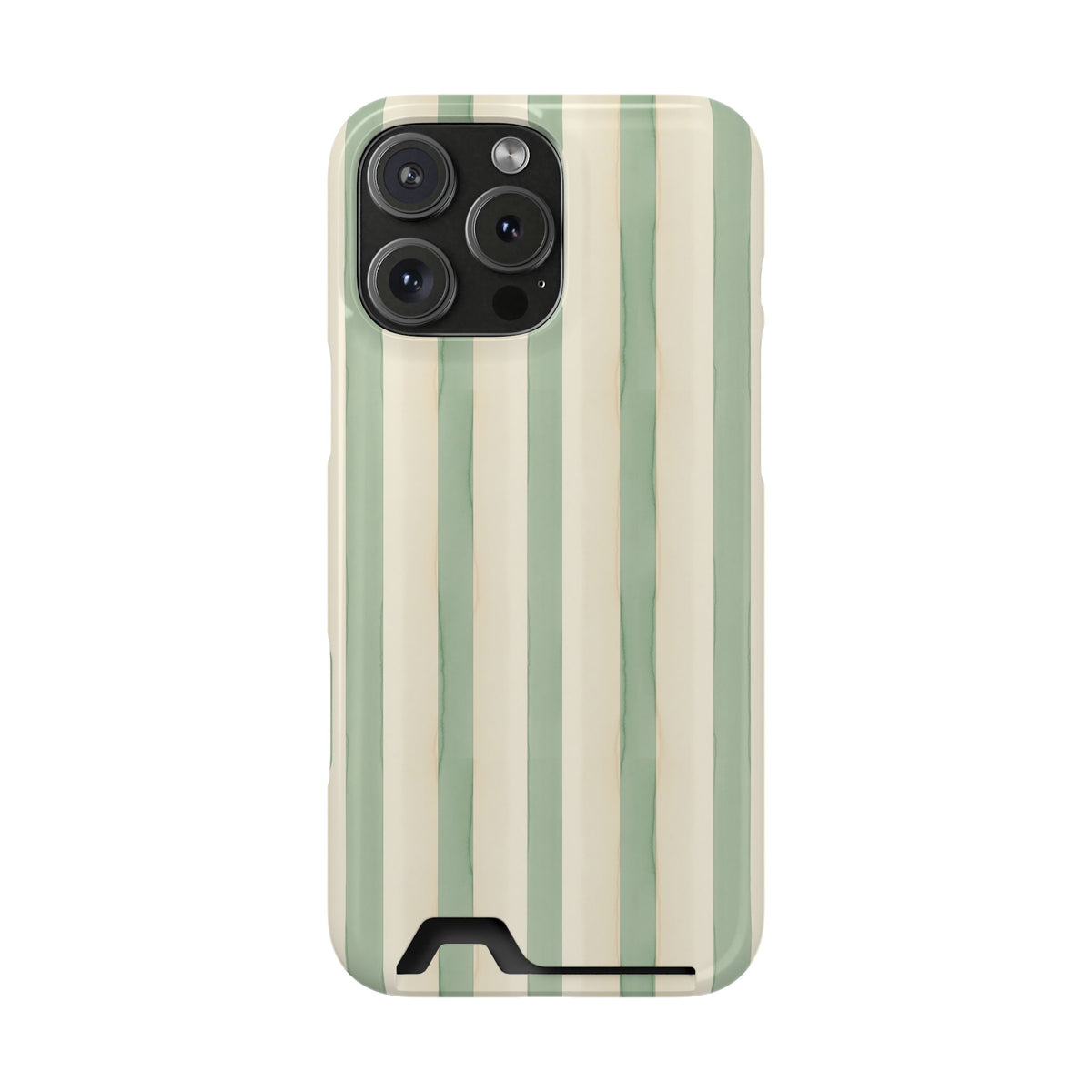 Sage Stripe phone case with card holder for iPhone 16 Pro Max, glossy finish