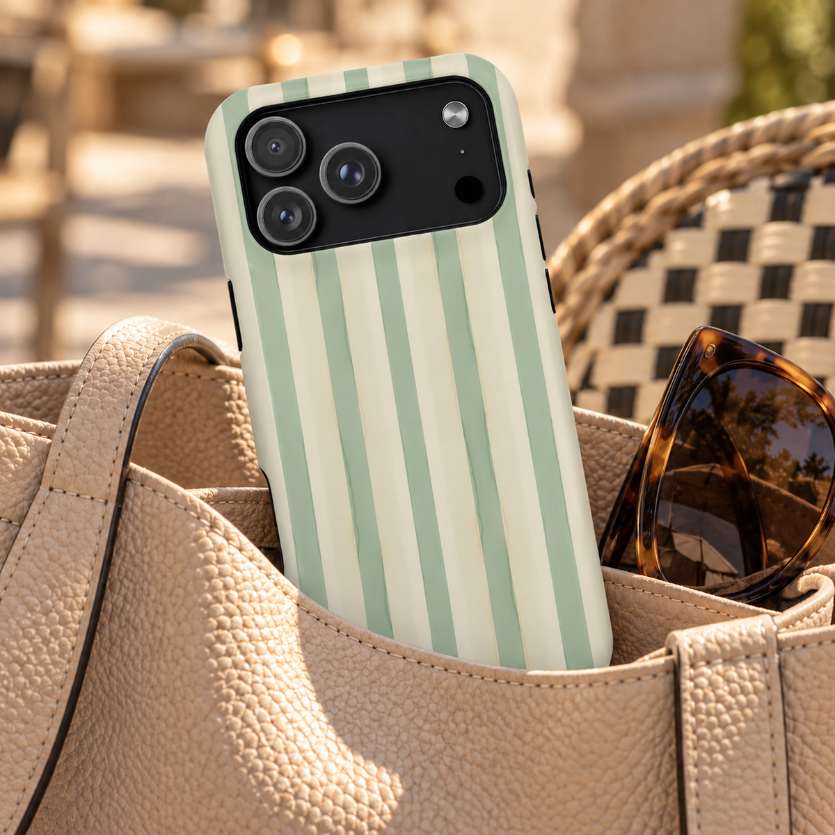 Sage Stripe phone case with card holder, sage green and cream stripes, lifestyle photo in a handbag