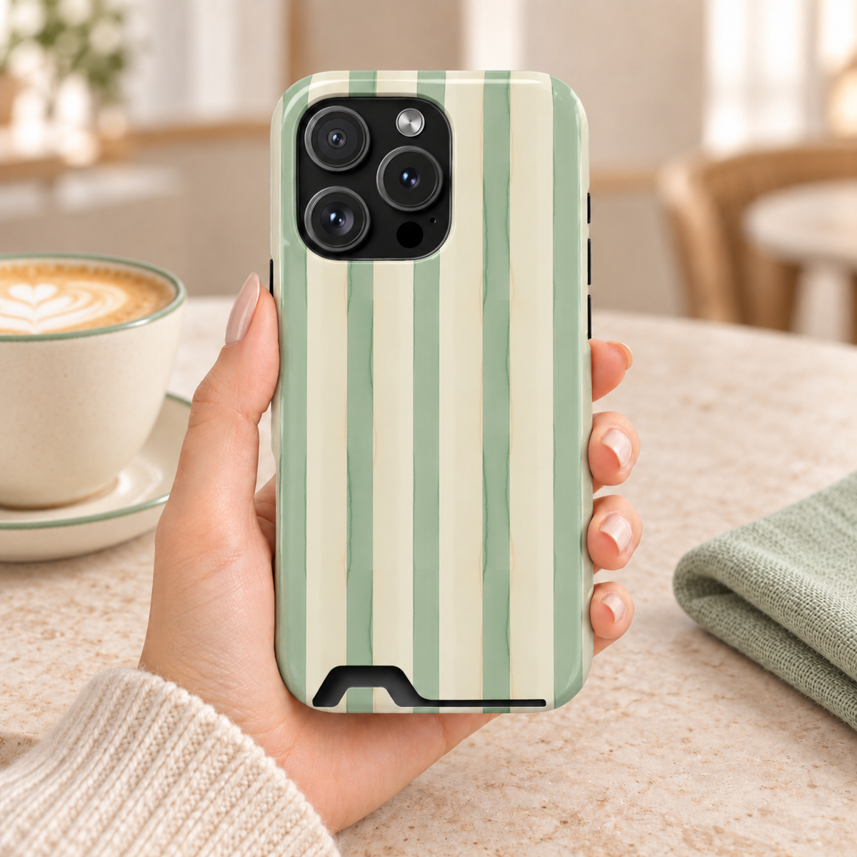 Sage Stripe phone case with card holder, sage green and cream stripes, lifestyle photo in hand with coffee