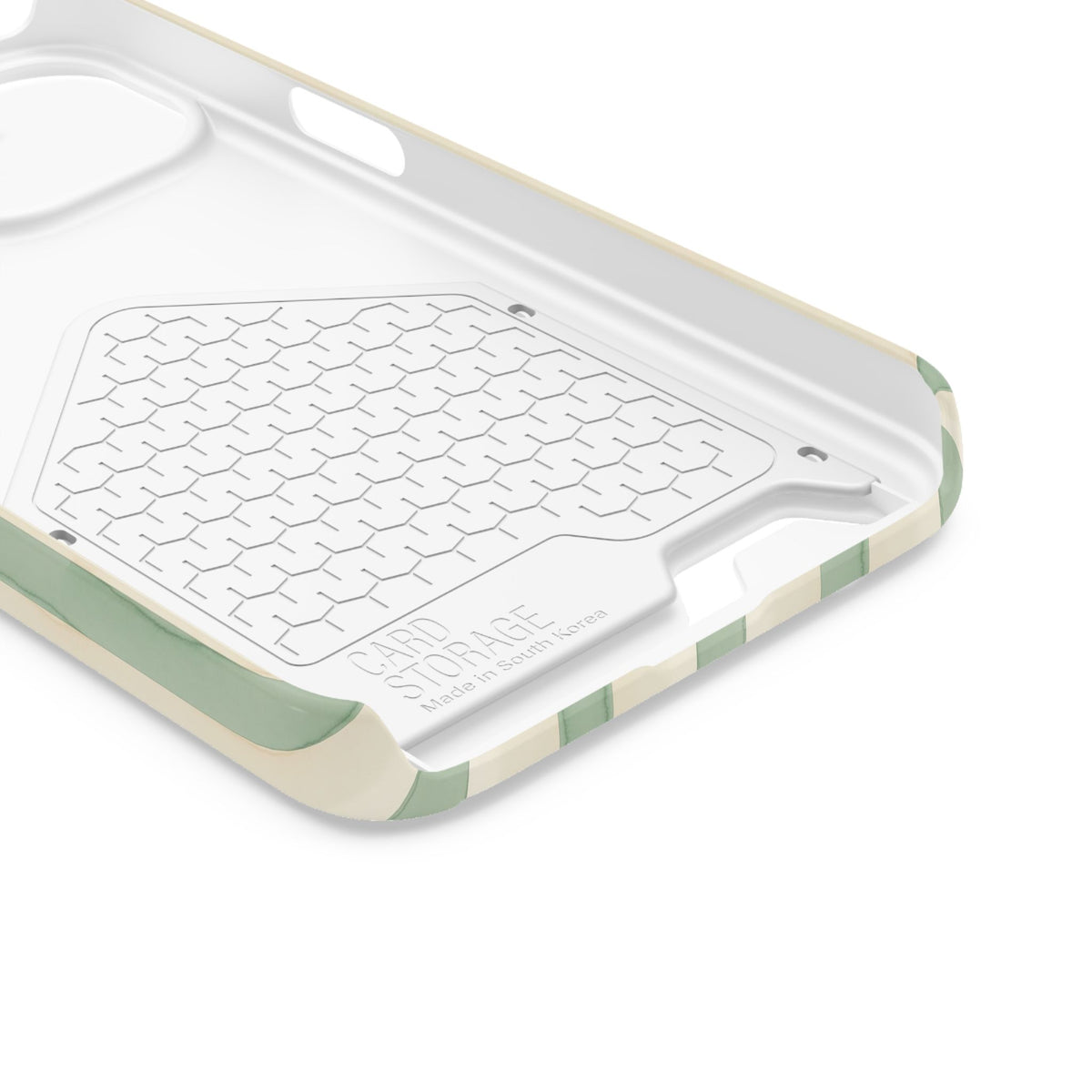 Sage Stripe phone case with card holder for iPhone 13, glossy finish