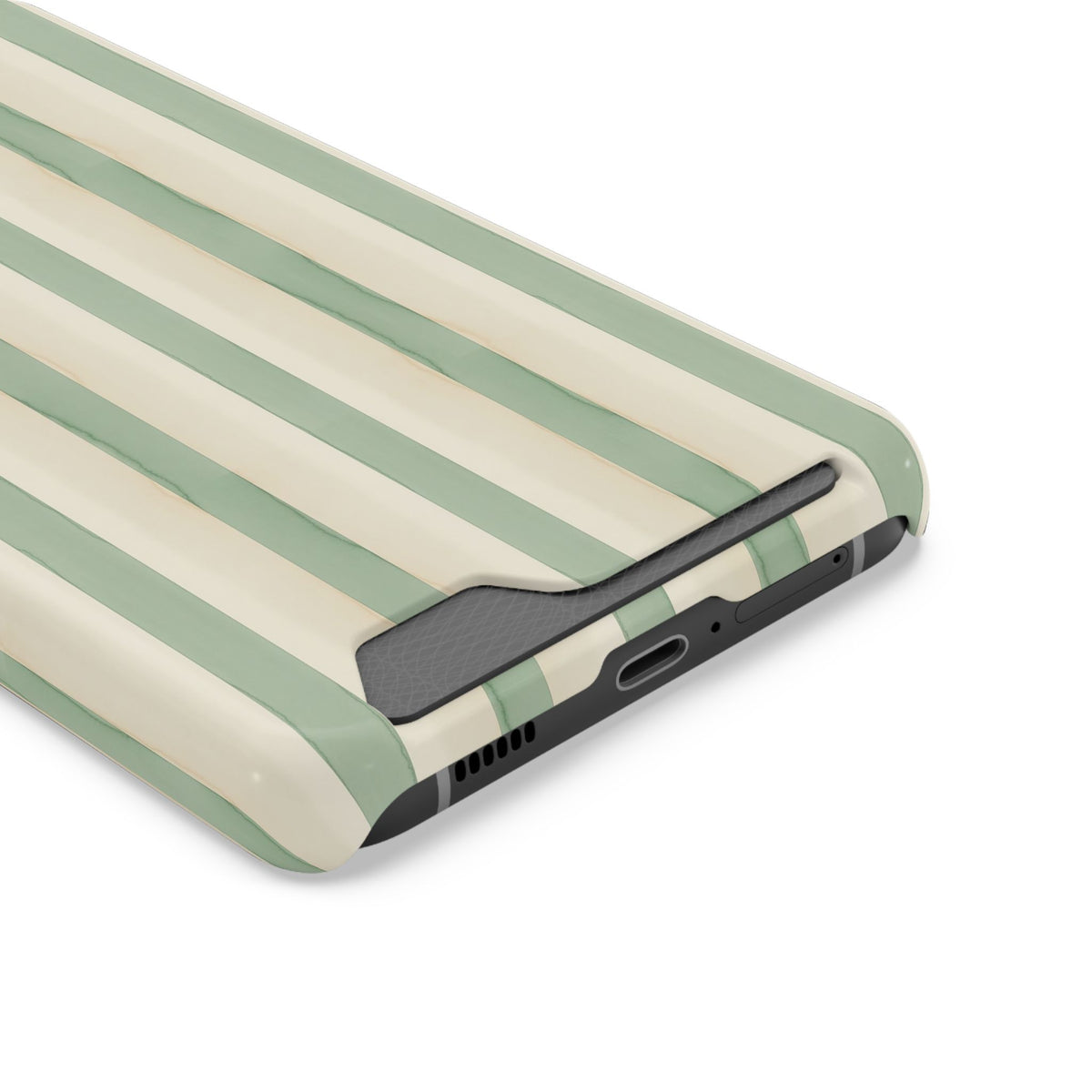 Sage Stripe phone case with card holder, close-up of the card slot