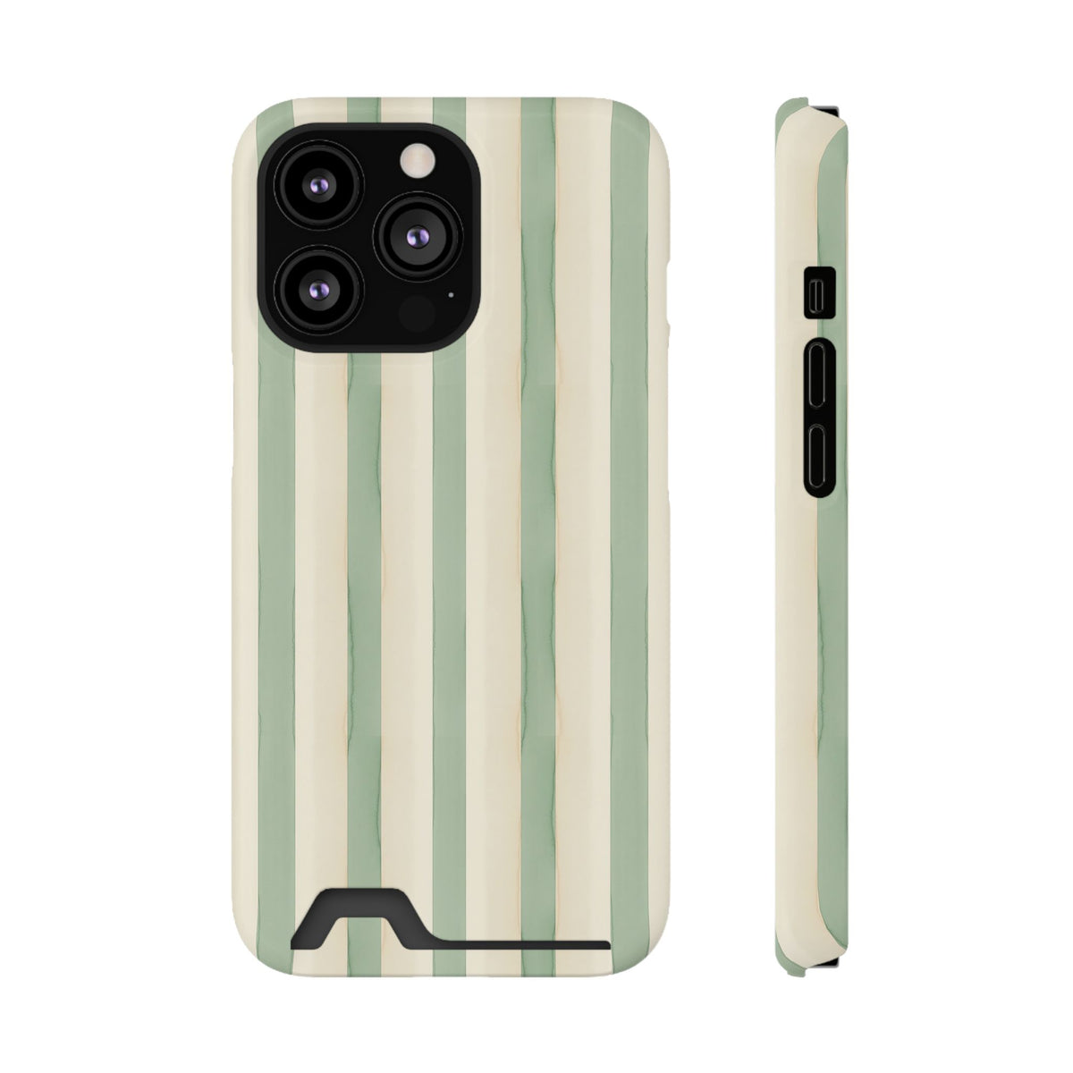 Sage Stripe phone case with card holder for iPhone 13 Pro, glossy finish