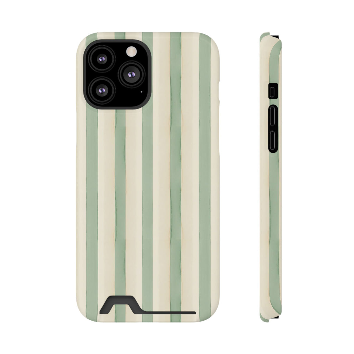 Sage Stripe phone case with card holder for iPhone 13 Pro Max, glossy finish