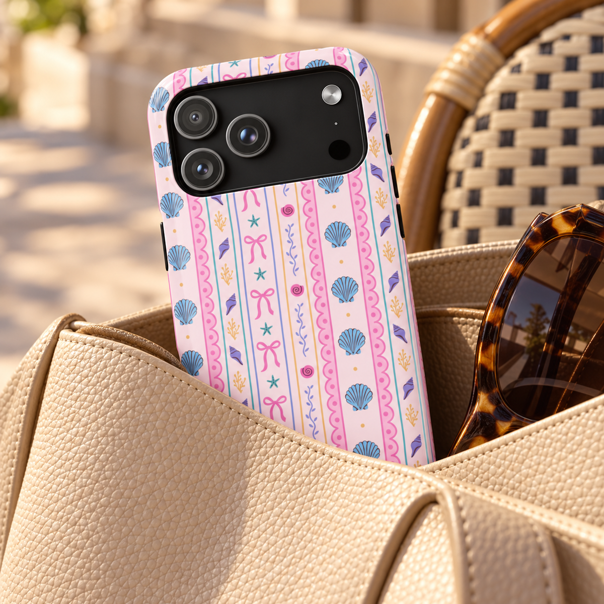 Seashell Ribbon MagSafe case, seashells, starfish and pink bows in pastel stripes, lifestyle photo in a handbag