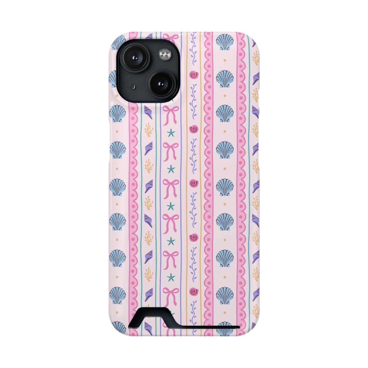 Seashell Ribbon phone case with card holder for iPhone 14, glossy finish