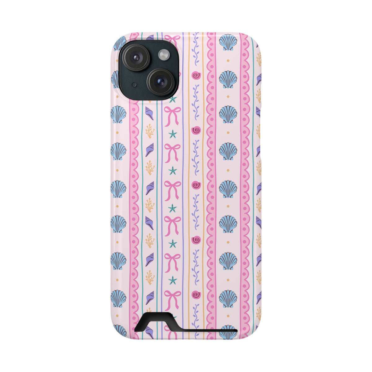 Seashell Ribbon phone case with card holder for iPhone 15 Plus, glossy finish