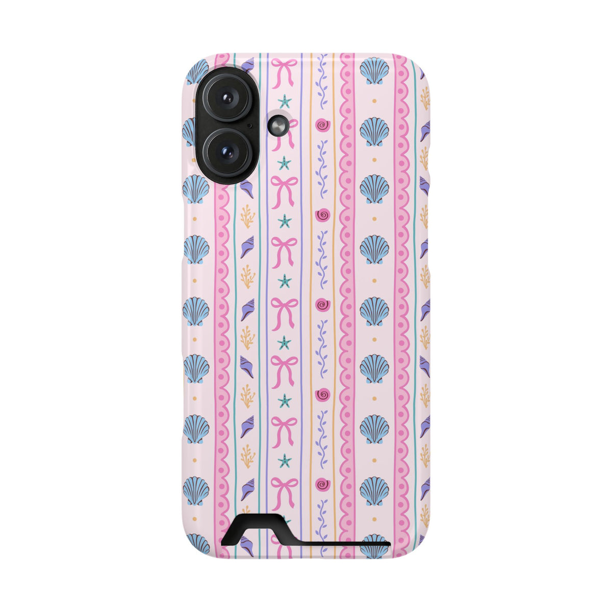 Seashell Ribbon phone case with card holder for iPhone 16 Plus, glossy finish