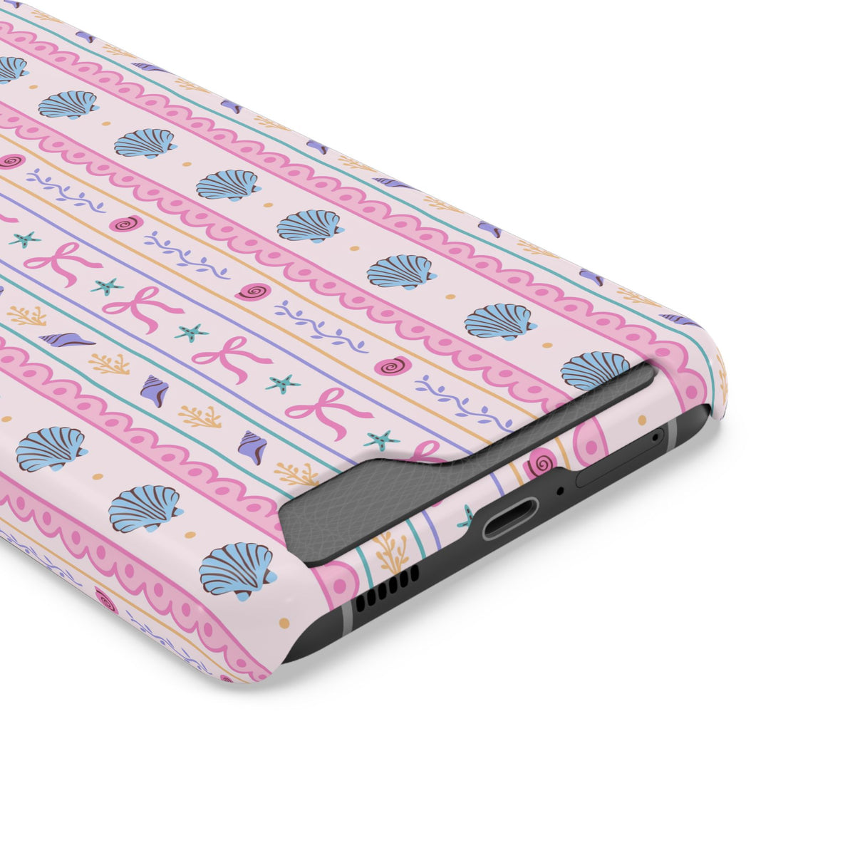 Seashell Ribbon phone case with card holder, close-up of the card slot