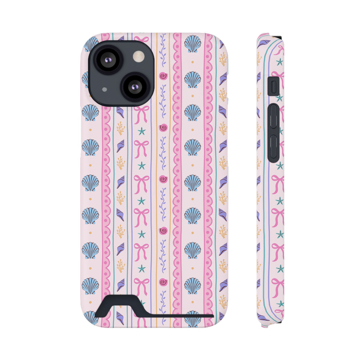 Seashell Ribbon phone case with card holder for iPhone 13 Mini, glossy finish