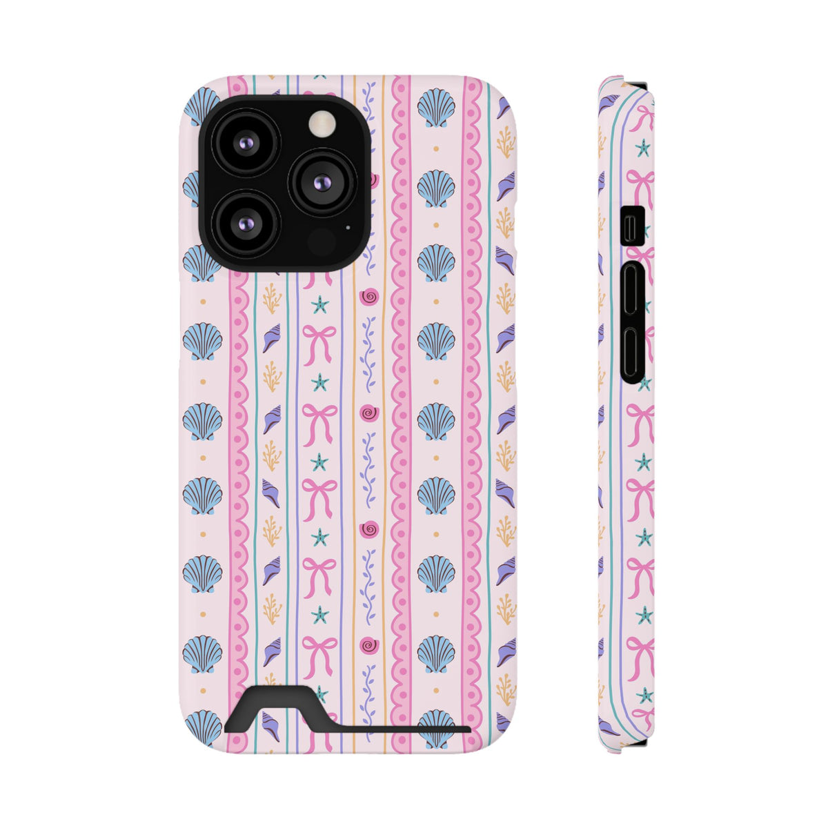 Seashell Ribbon phone case with card holder for iPhone 13 Pro, glossy finish