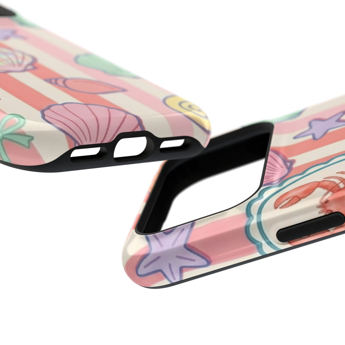 Seashell Stripe protective phone case, close-up at an angle