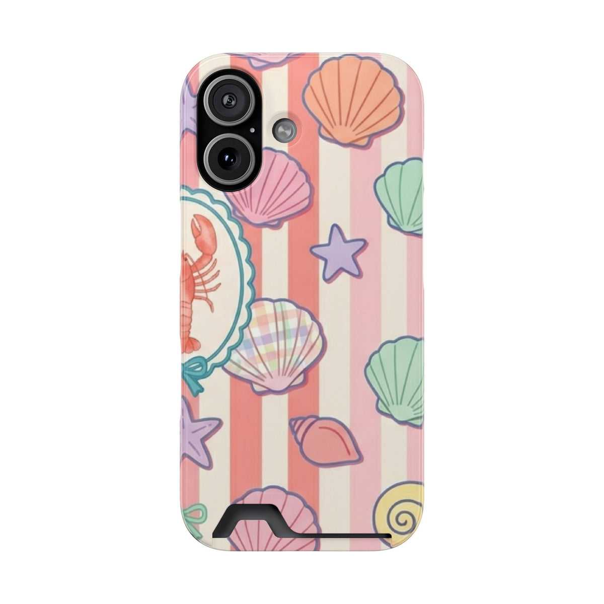 Seashell Stripe phone case with card holder for iPhone 17, glossy finish