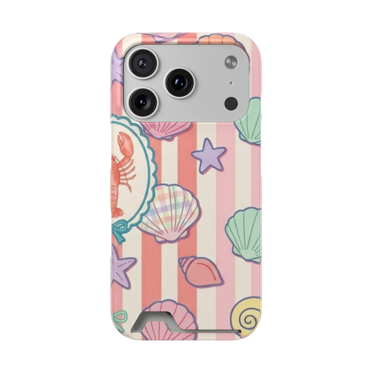 Seashell Stripe phone case with card holder for iPhone 17 Pro, glossy finish