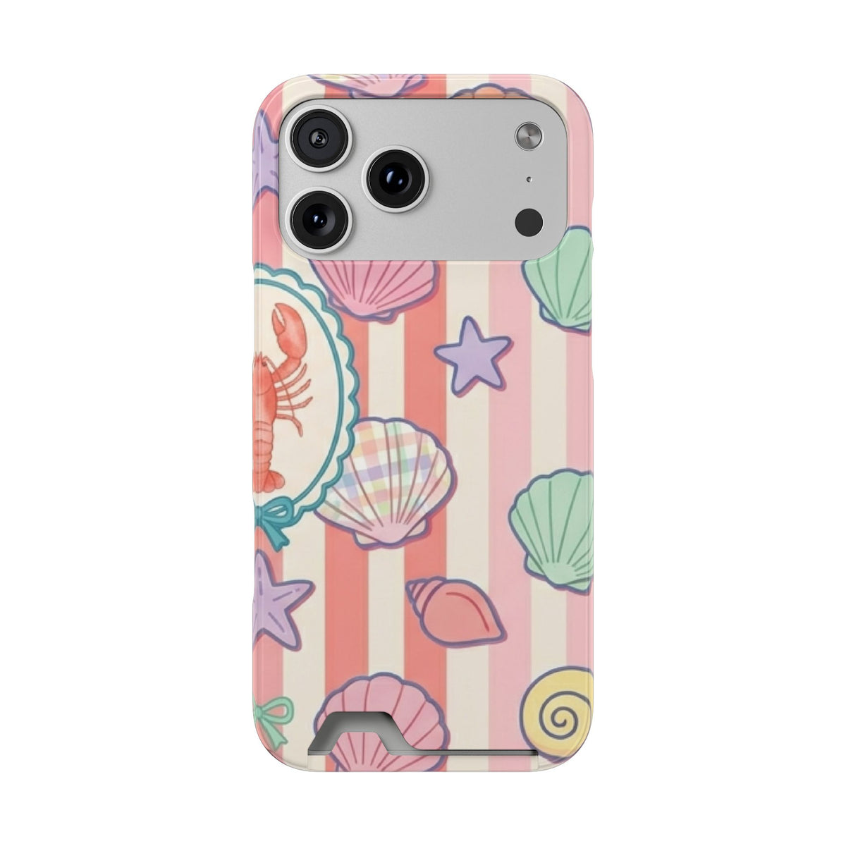 Seashell Stripe phone case with card holder for iPhone 17 Pro Max, glossy finish