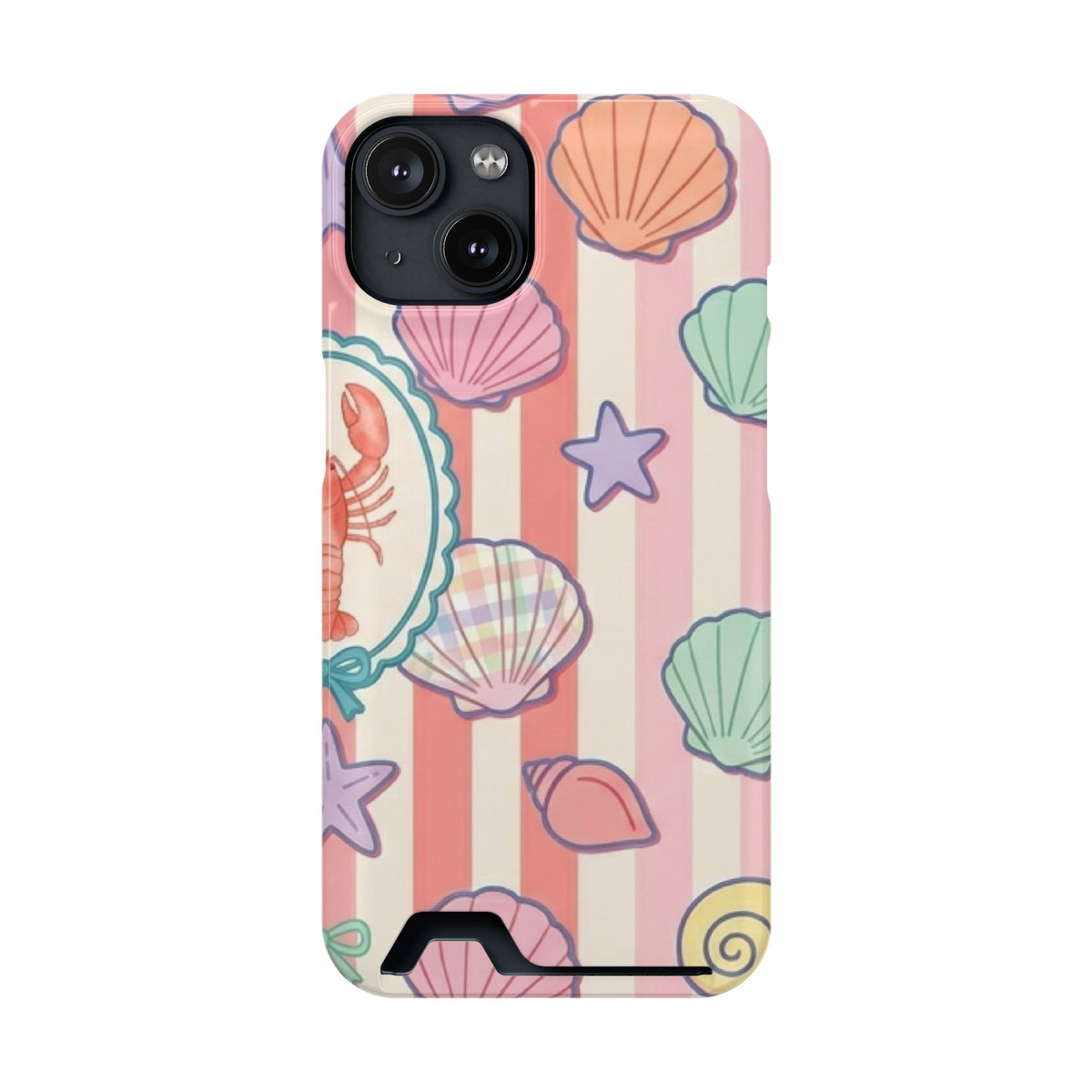 Seashell Stripe phone case with card holder for iPhone 14, glossy finish