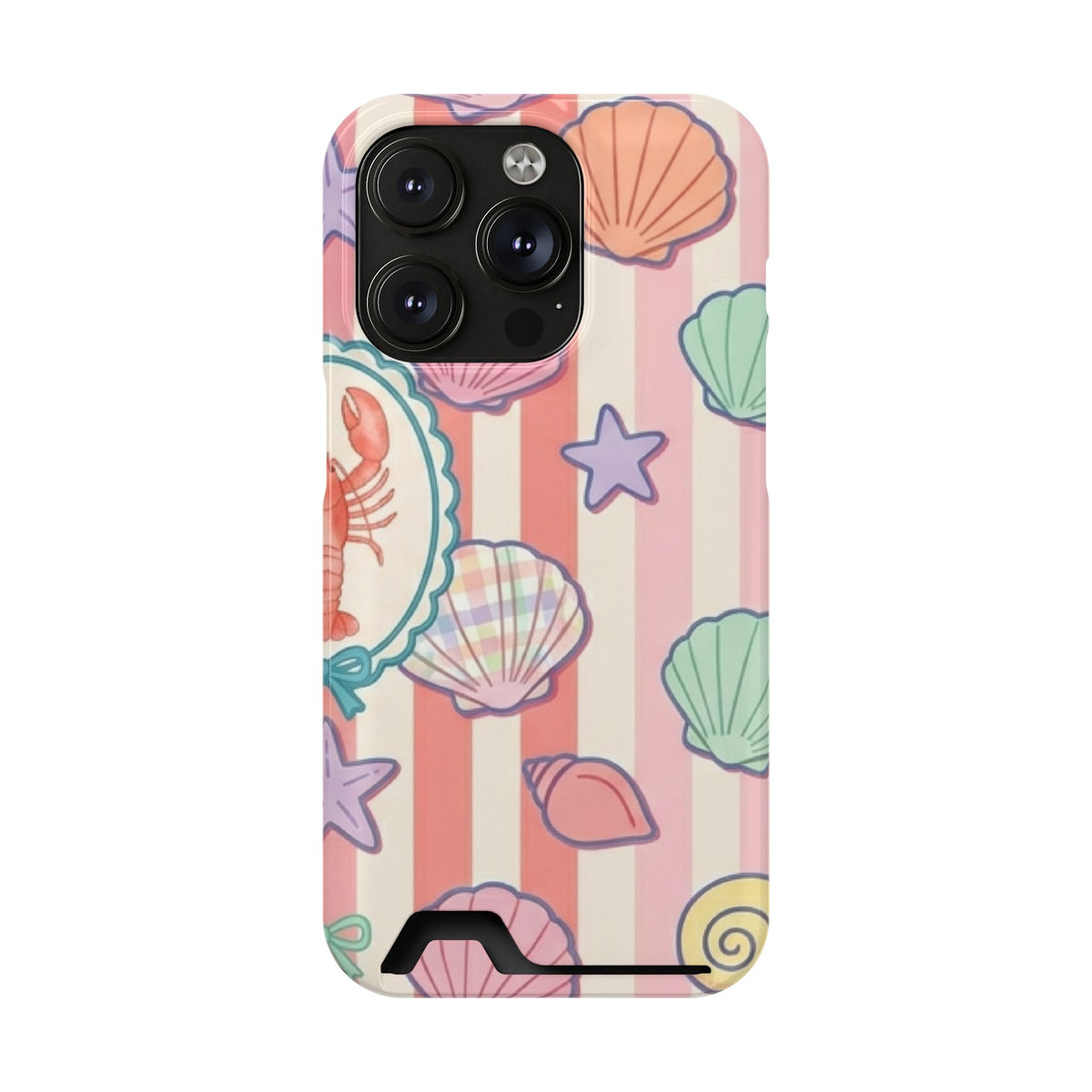 Seashell Stripe phone case with card holder for iPhone 14 Pro, glossy finish