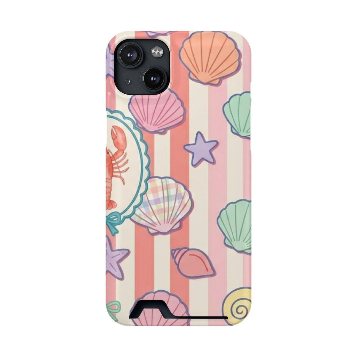 Seashell Stripe phone case with card holder for iPhone 14 Plus, glossy finish