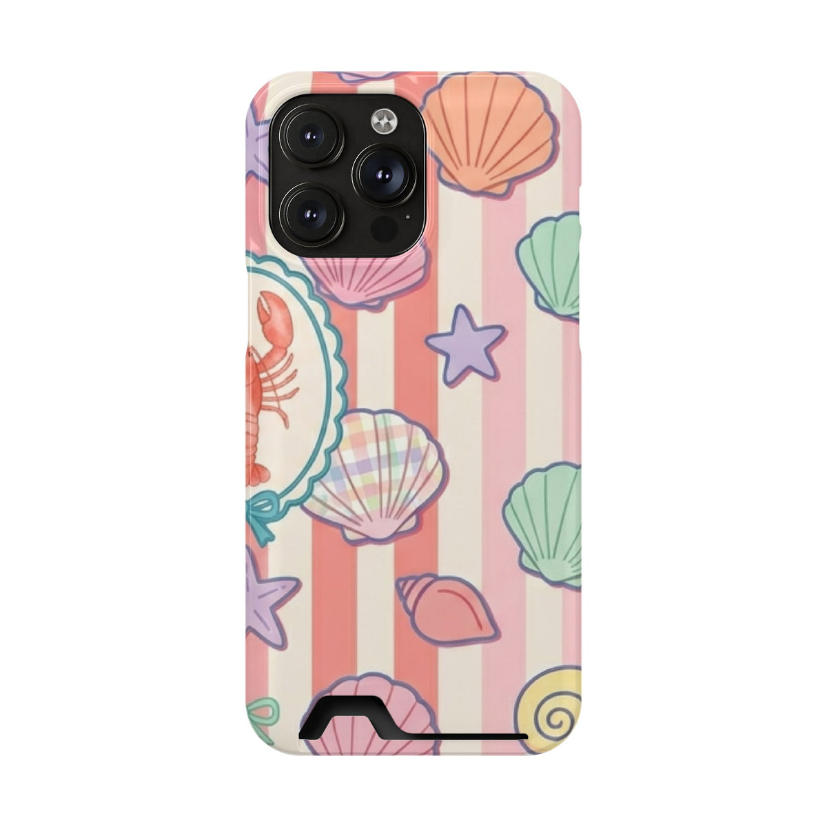Seashell Stripe phone case with card holder for iPhone 14 Pro Max, glossy finish