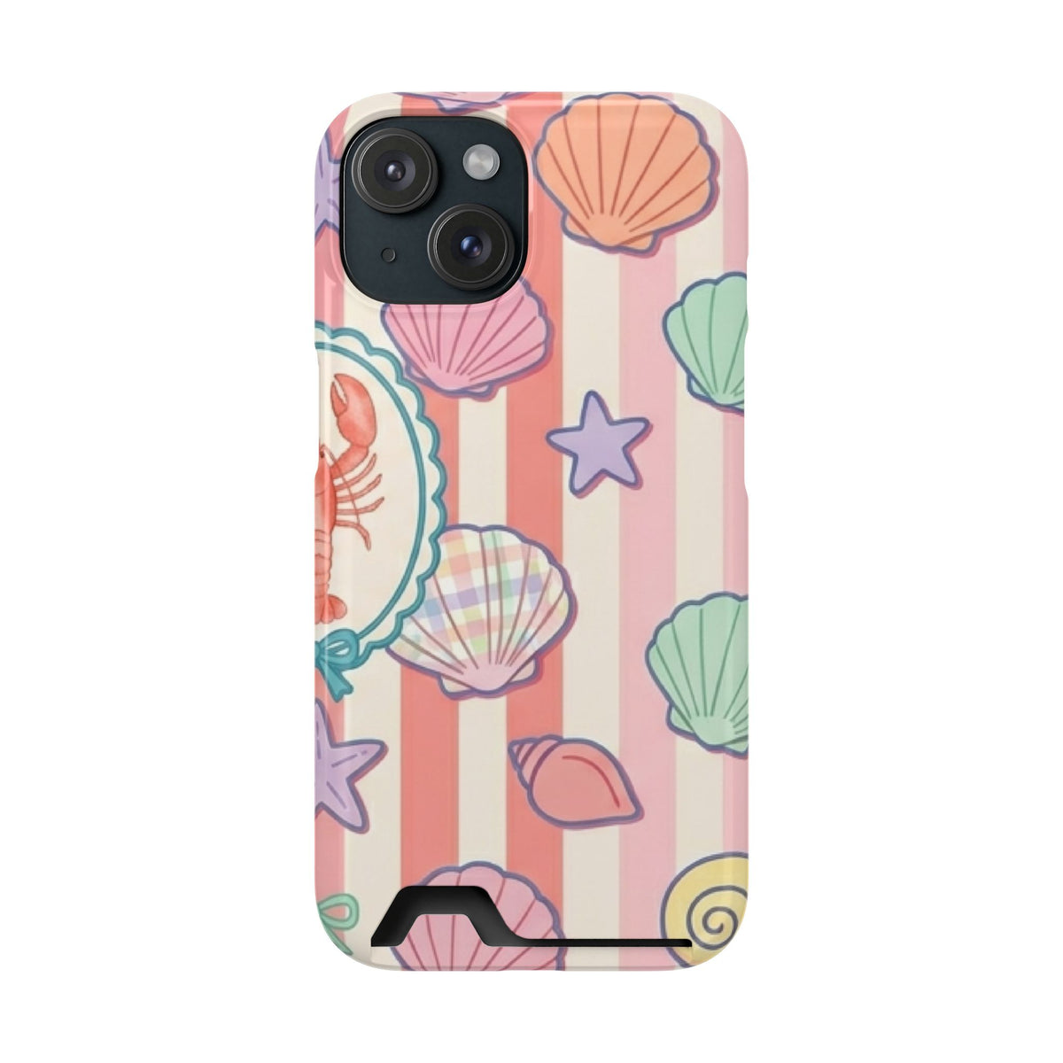 Seashell Stripe phone case with card holder for iPhone 15, glossy finish