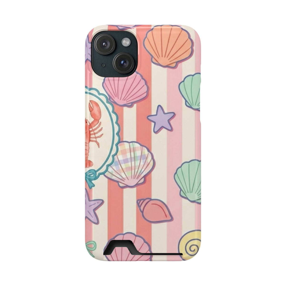 Seashell Stripe phone case with card holder for iPhone 15 Plus, glossy finish