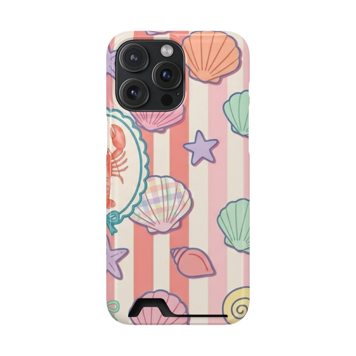 Seashell Stripe phone case with card holder for iPhone 15 Pro Max, glossy finish