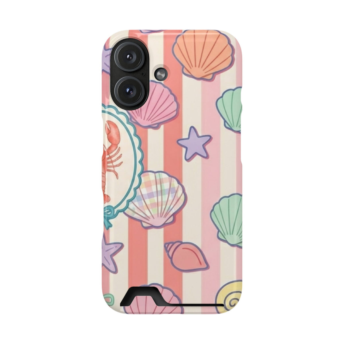 Seashell Stripe phone case with card holder for iPhone 16, glossy finish