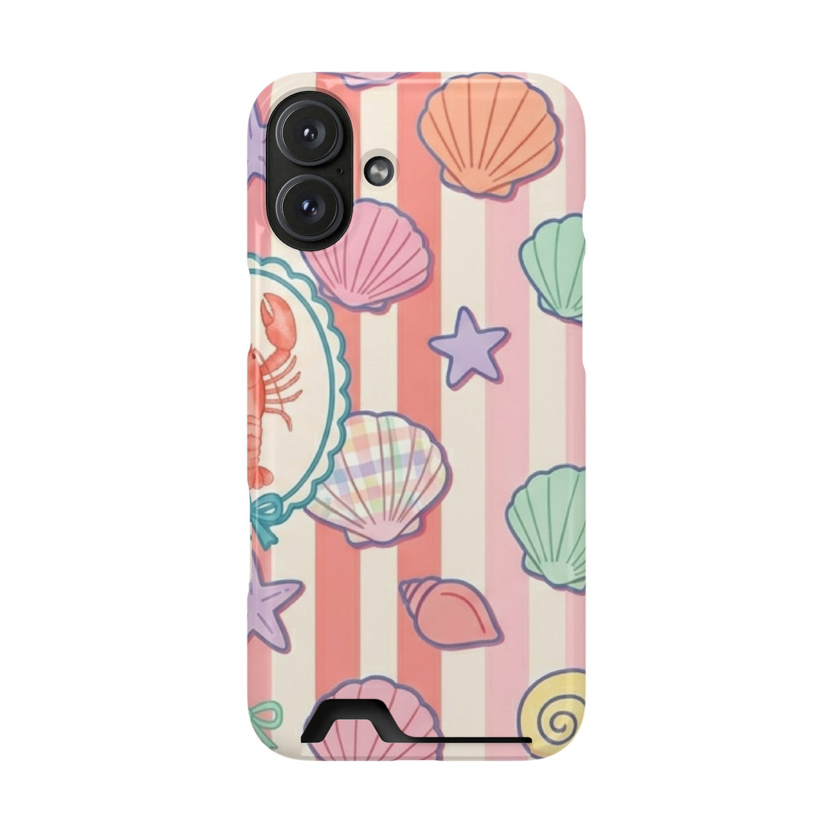 Seashell Stripe phone case with card holder for iPhone 16 Plus, glossy finish