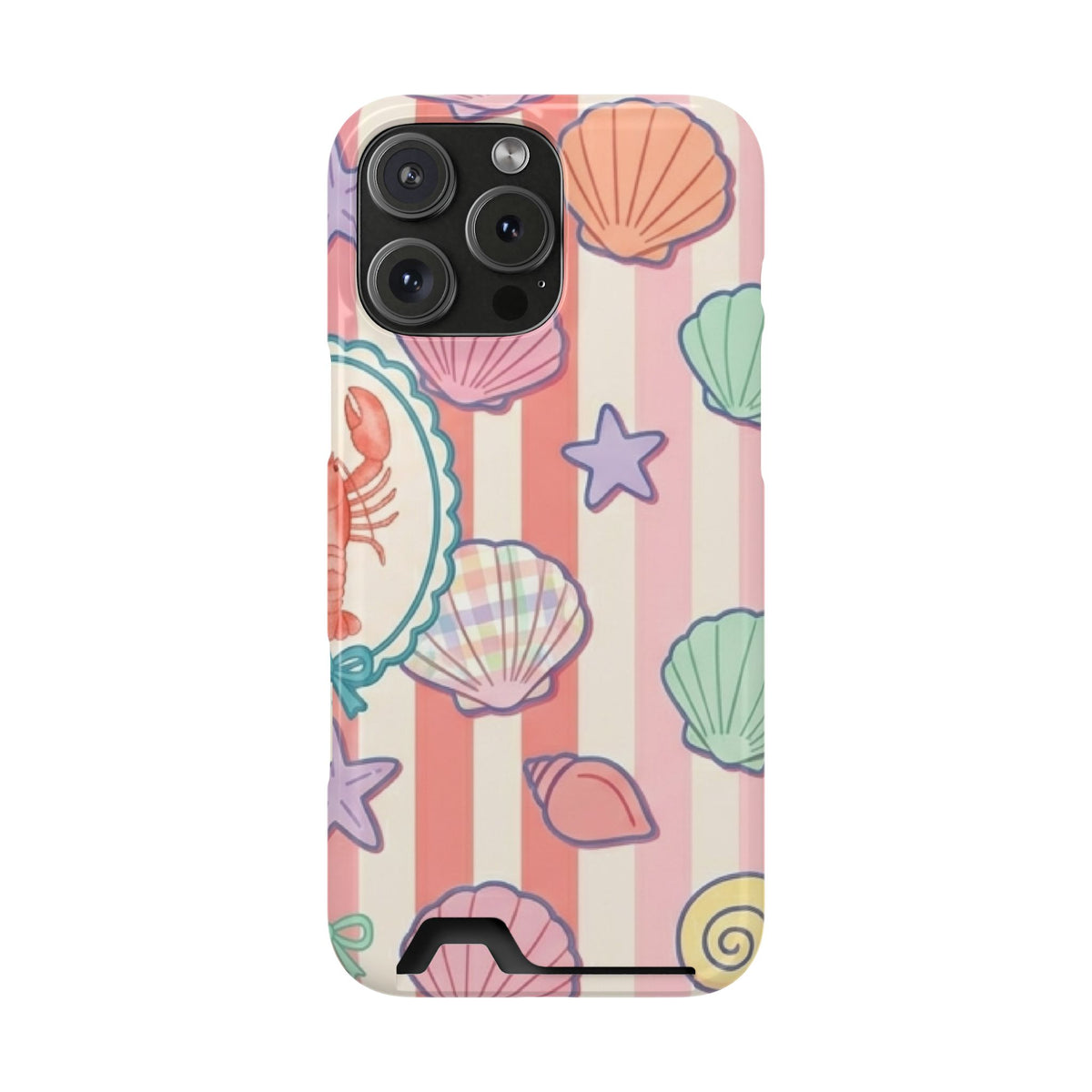 Seashell Stripe phone case with card holder for iPhone 16 Pro Max, glossy finish