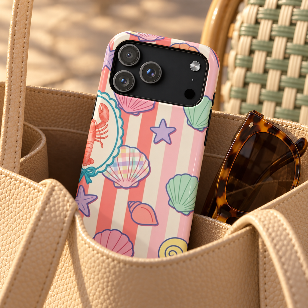 Seashell Stripe phone case with card holder, seashells and starfish on coral stripes, lifestyle photo in a handbag