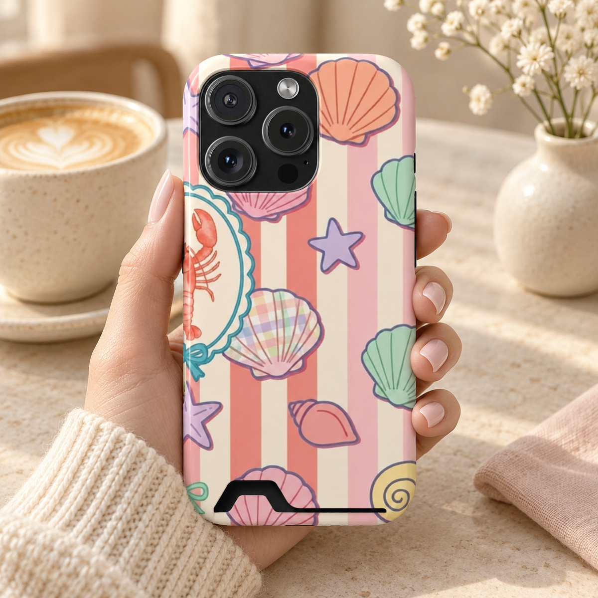 Seashell Stripe phone case with card holder, seashells and starfish on coral stripes, lifestyle photo in hand with coffee