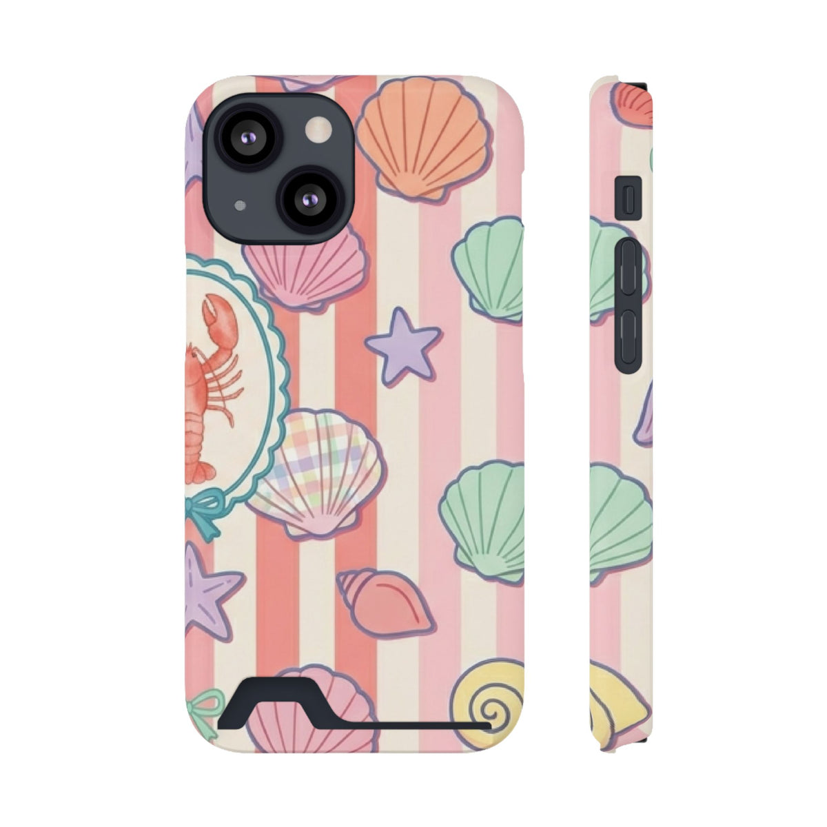 Seashell Stripe phone case with card holder for iPhone 13 Mini, glossy finish