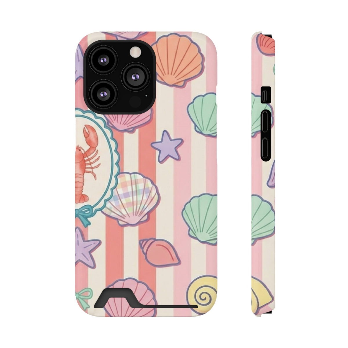 Seashell Stripe phone case with card holder for iPhone 13 Pro, glossy finish