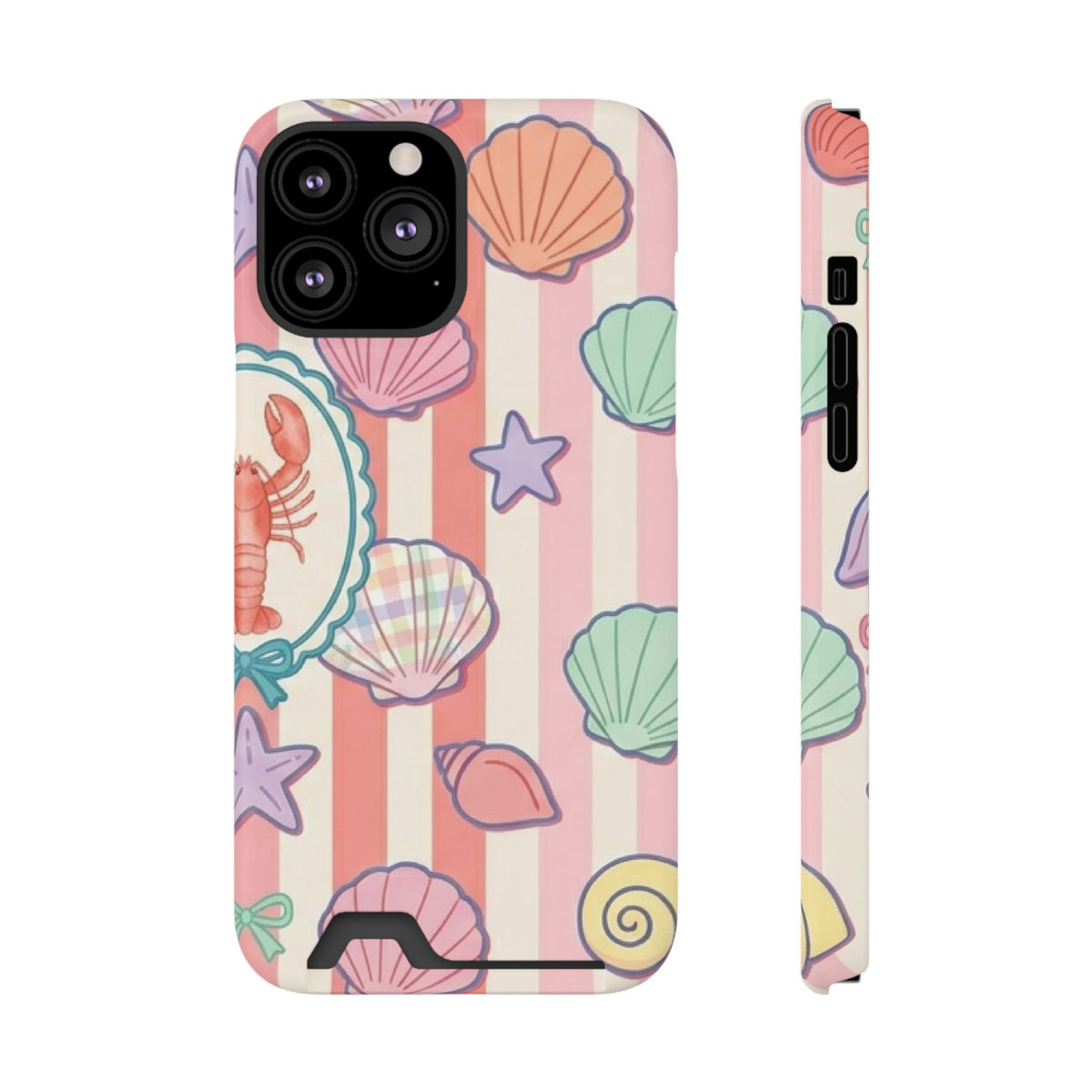 Seashell Stripe phone case with card holder for iPhone 13 Pro Max, glossy finish