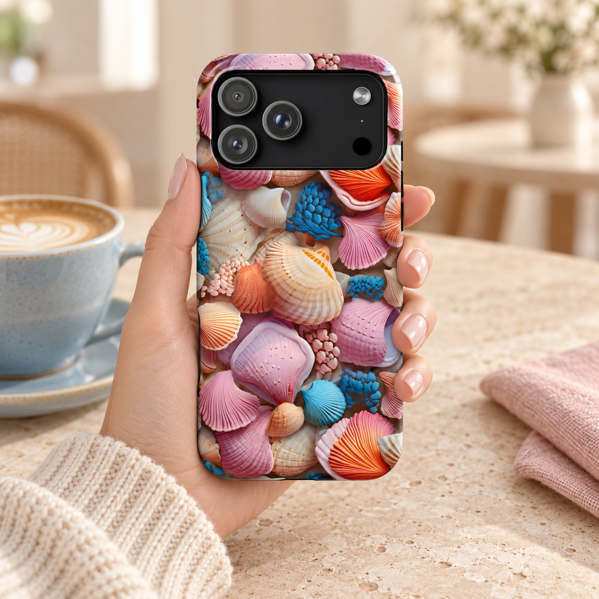 Seashell Treasure protective phone case, a pile of colorful seashells, lifestyle photo in hand with coffee